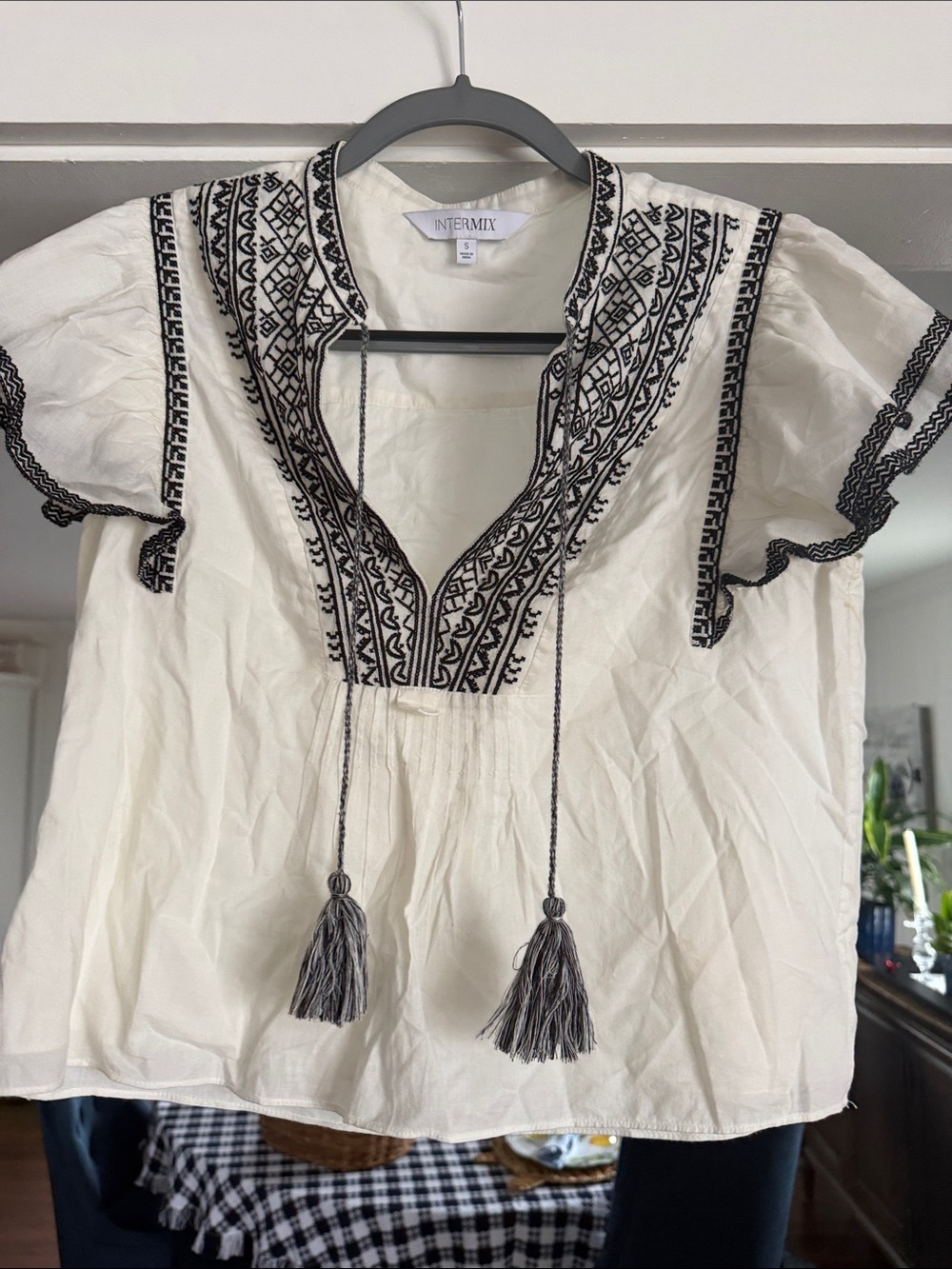 INTERMIX White Peasant Top with Black Embroidery and Tassels